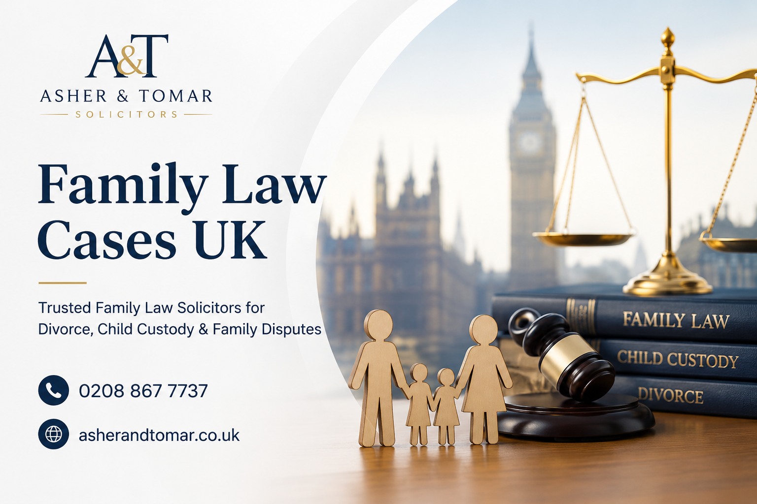 Family Law Cases UK featured image with legal scales, gavel, family figures, and Asher & Tomar Solicitors branding.