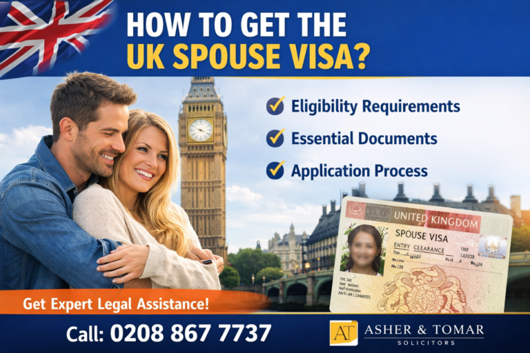 UK spouse visa informational graphic showing a couple in London with eligibility requirements, application process, and expert legal assistance details by Asher & Tomar Solicitors, including contact number 0208 867 7737.