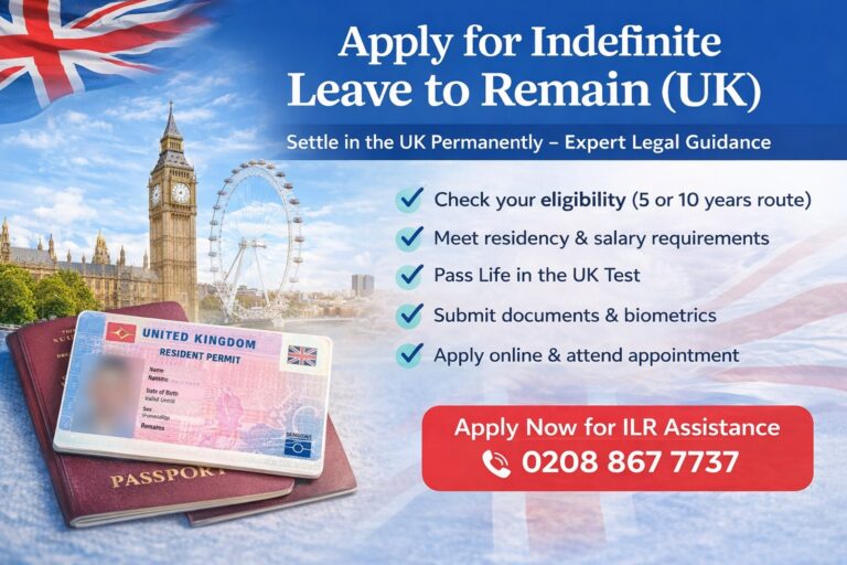 Apply for Indefinite Leave to Remain UK image with legal documents, UK flag, and immigration solicitor consultation.