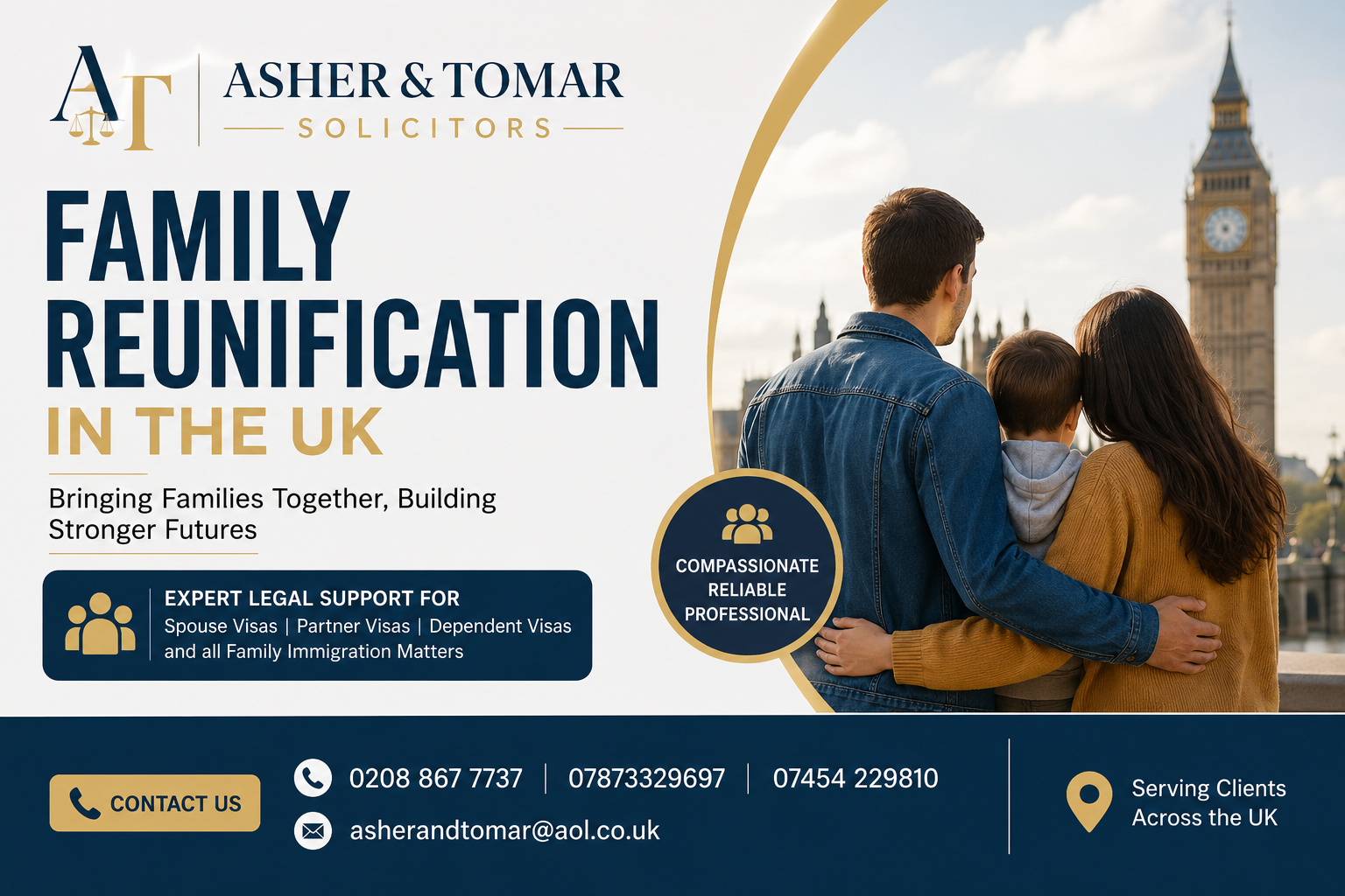 Family reunification legal services banner by Asher & Tomar Solicitors with family image and London background.
