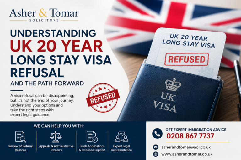 Understanding UK 20 Year Long Stay Visa Refusal and the Path Forward – Immigration advice banner with UK visa refusal document and legal support services.
