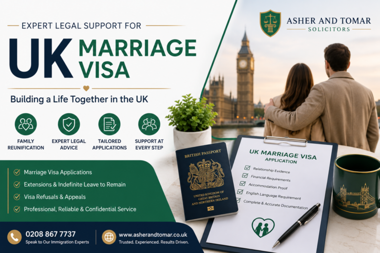 UK Marriage Visa legal services banner by Asher And Tomar Solicitors with professional immigration support for couples moving to the UK