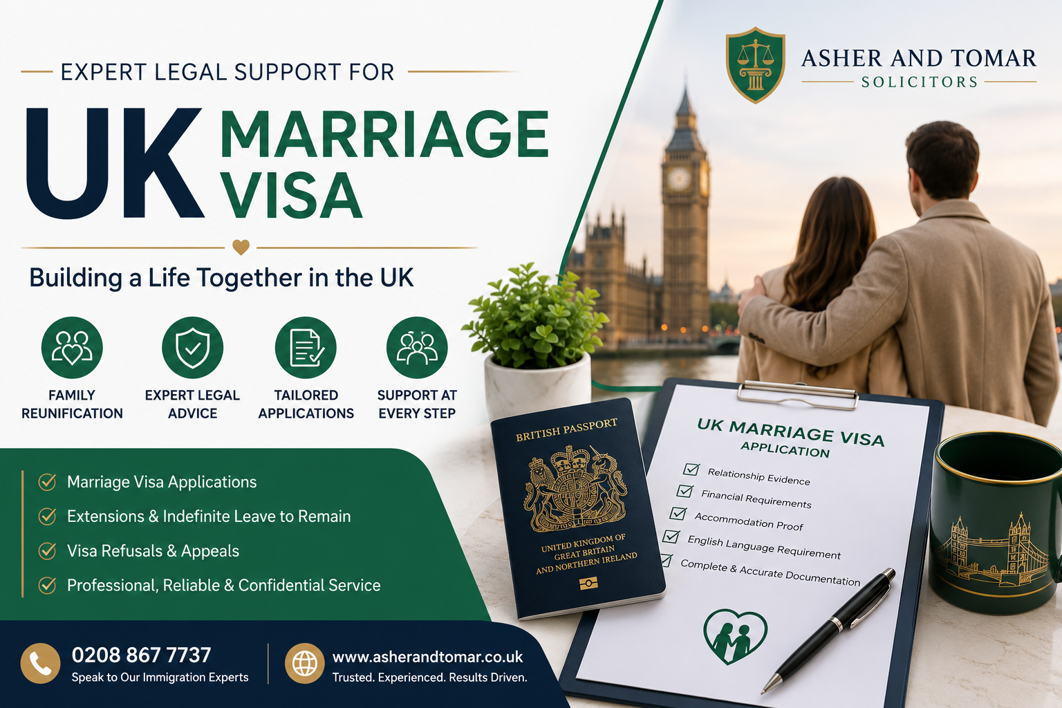 UK Marriage Visa legal services banner by Asher And Tomar Solicitors with professional immigration support for couples moving to the UK