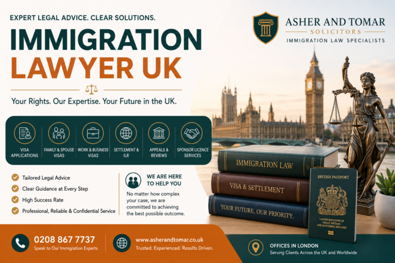 Immigration Lawyer UK banner featuring professional immigration legal services, UK visa support, settlement advice, and sponsor licence assistance