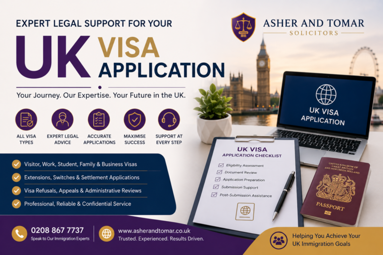 UK Visa Application legal services banner by Asher And Tomar Solicitors featuring professional immigration support and visa application assistance