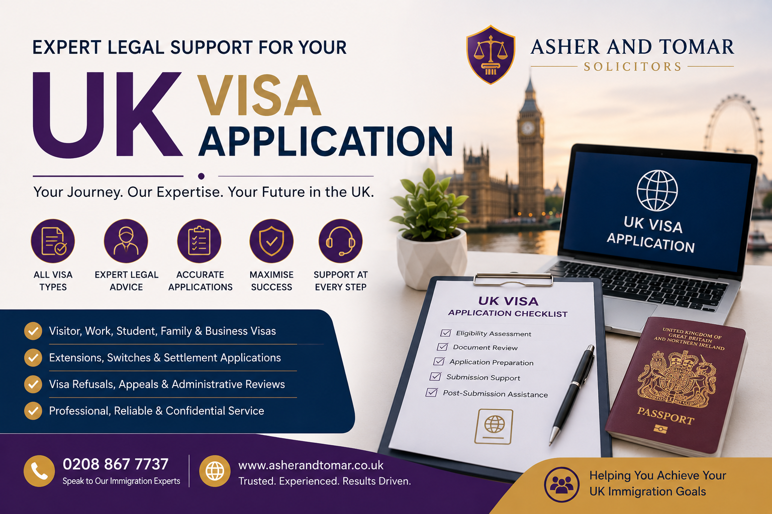 UK Visa Application legal services banner by Asher And Tomar Solicitors featuring professional immigration support and visa application assistance
