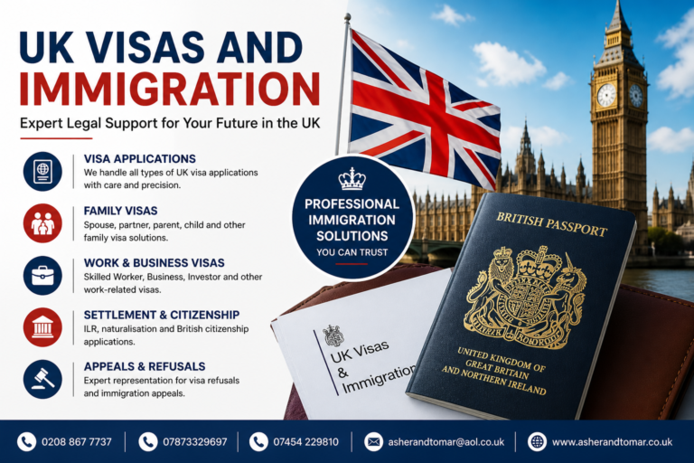 UK Visas and Immigration services banner showing visa applications, family visas, work visas, and citizenship solutions in the UK