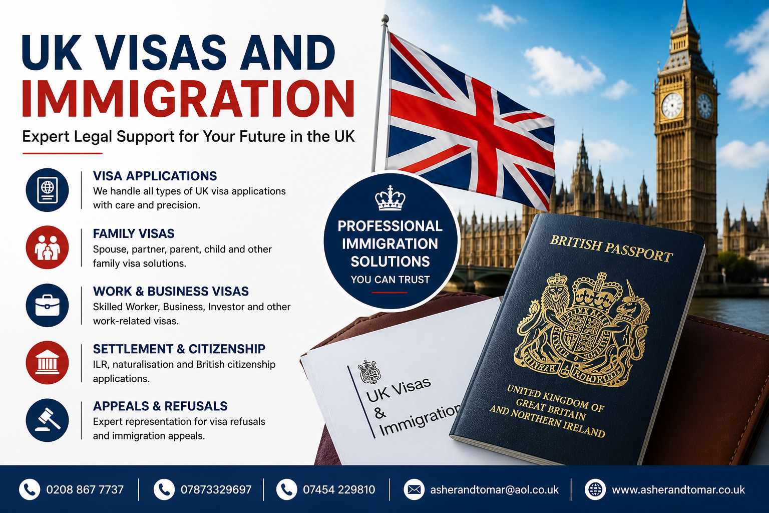 UK Visas and Immigration services banner showing visa applications, family visas, work visas, and citizenship solutions in the UK