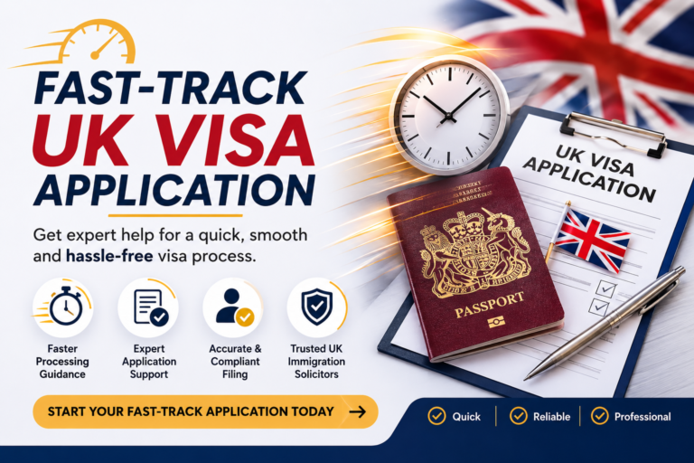 Fast-track UK visa application banner with passport, UK flag, Big Ben, and professional immigration support design.