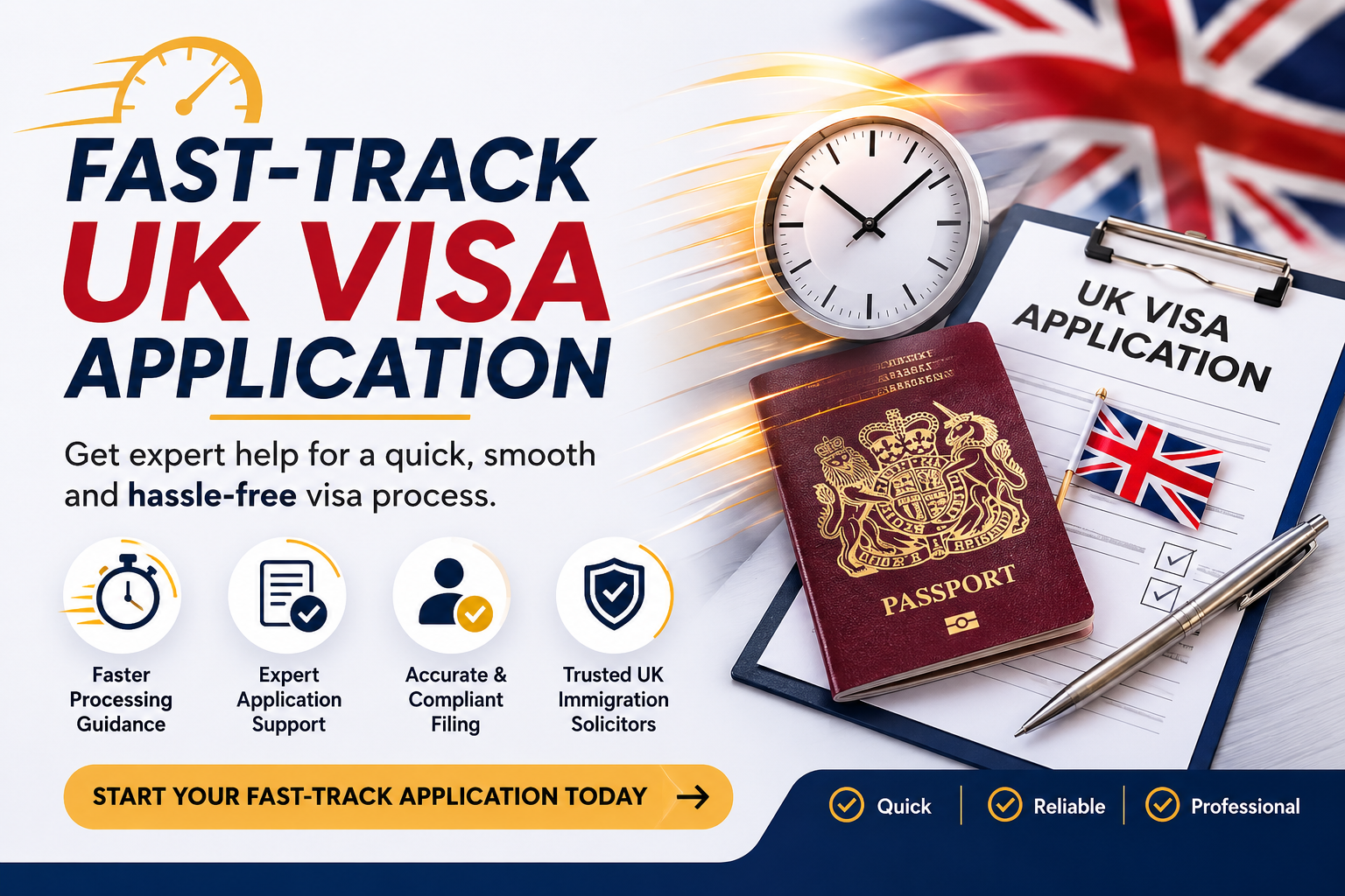 Fast-track UK visa application banner with passport, UK flag, Big Ben, and professional immigration support design.