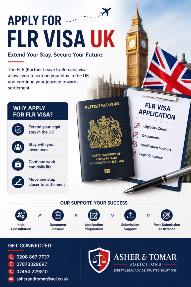 Apply for FLR Visa UK poster with passport, checklist, UK flag, and legal support details