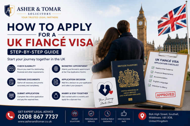 How to apply for a UK Fiancé Visa step-by-step guide featuring an engaged couple, British passport, and visa application checklist.