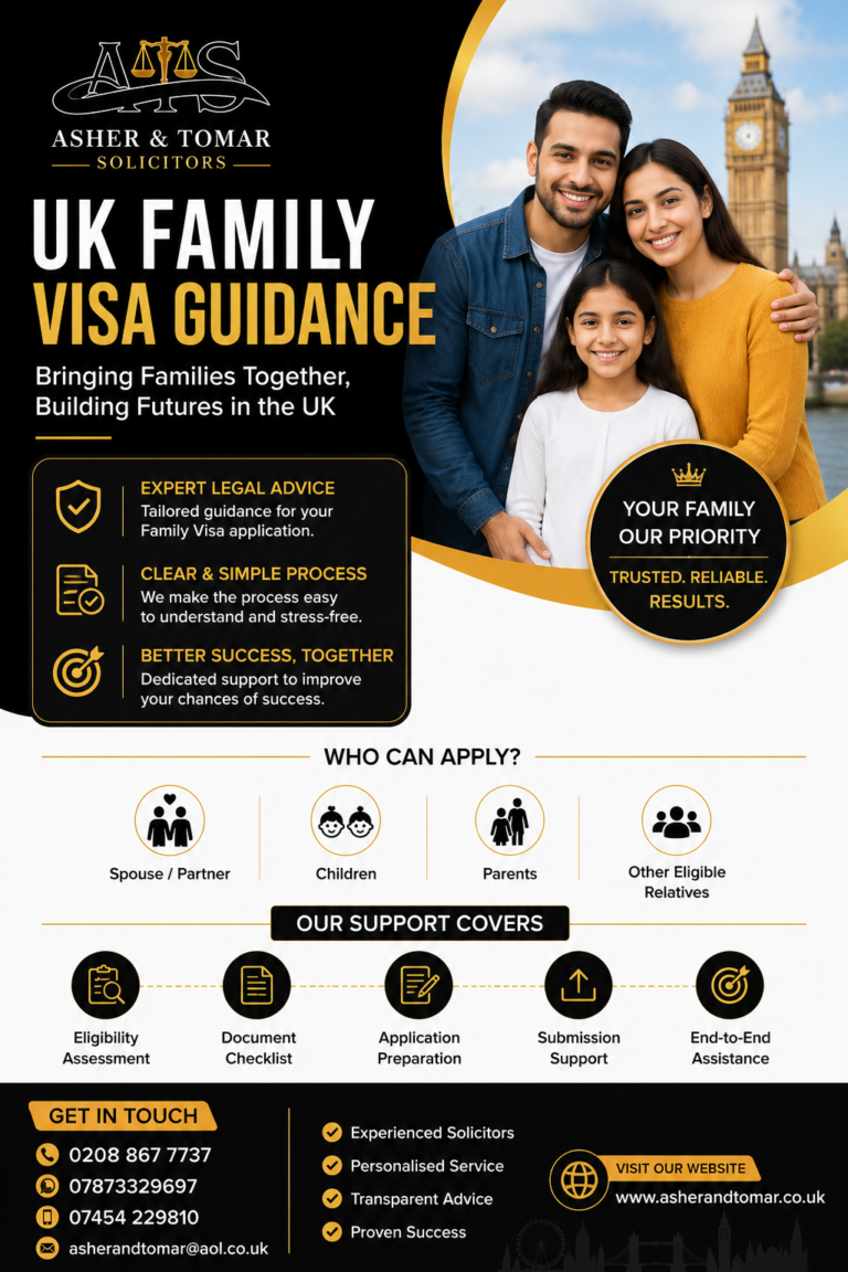 UK Family Visa Guidance poster with ATS logo, family image, and legal services details
