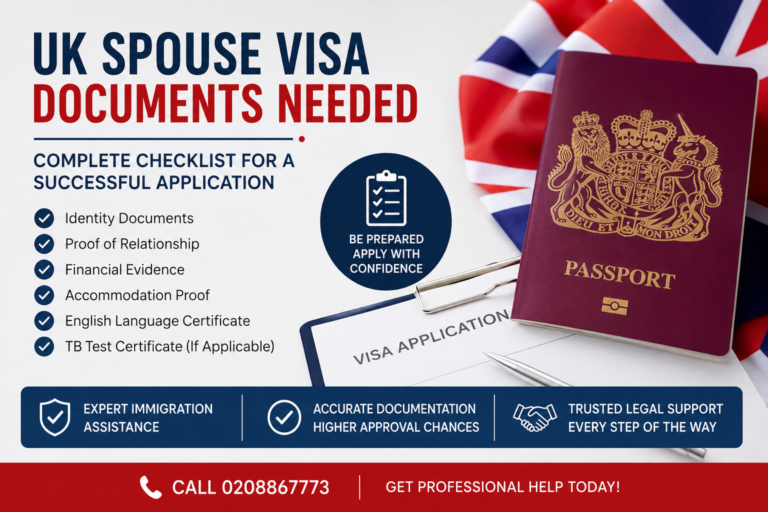 UK Spouse Visa documents checklist banner with passport, UK flag, and immigration assistance details.