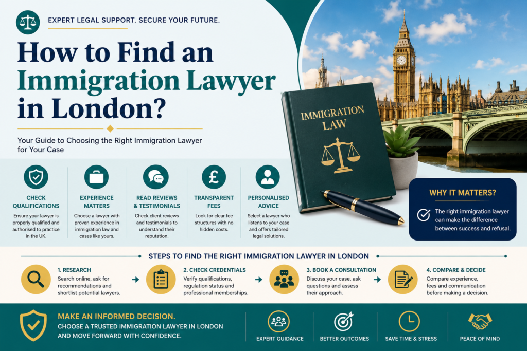 Professional infographic on finding an immigration lawyer in London, featuring legal icons, London landmarks, immigration law book, and expert legal guidance.