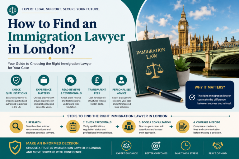 Professional infographic on finding an immigration lawyer in London, featuring legal icons, London landmarks, immigration law book, and expert legal guidance.