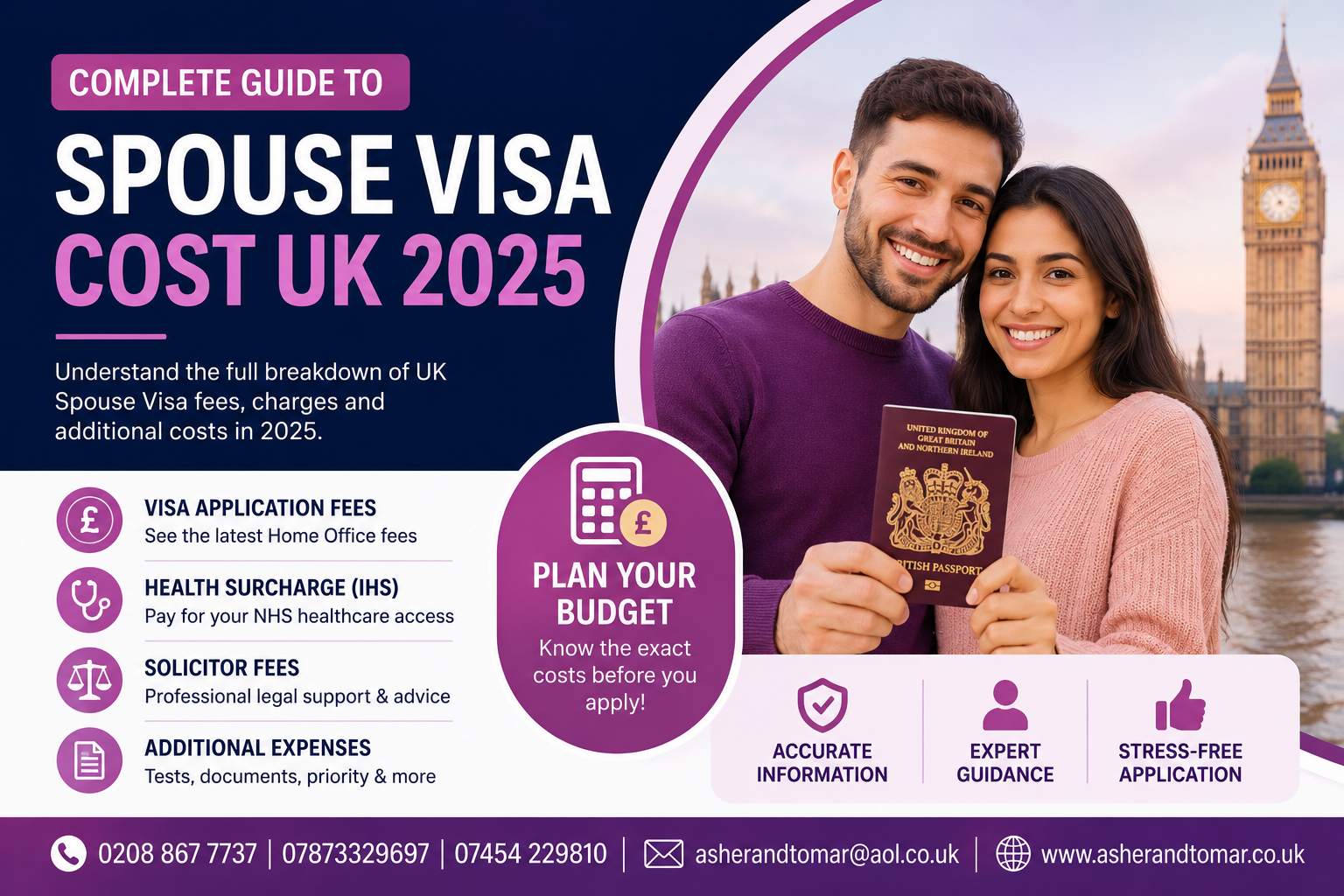 Couple holding UK passport with spouse visa cost UK 2025 information banner