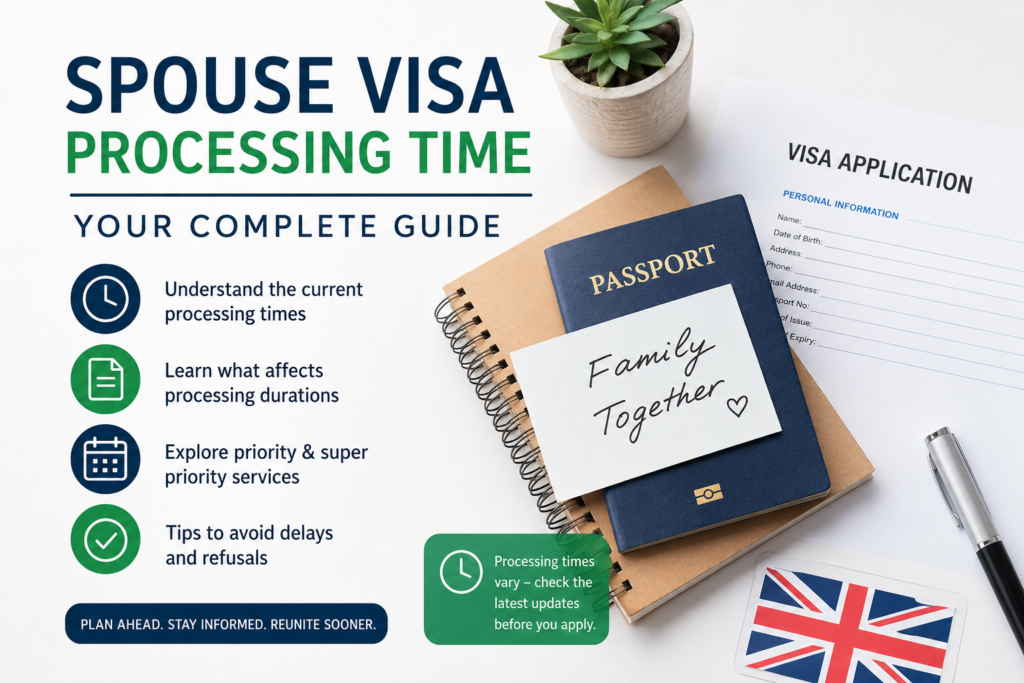 Spouse Visa Processing Time guide infographic with passport, visa application form, UK flag, and immigration documents.