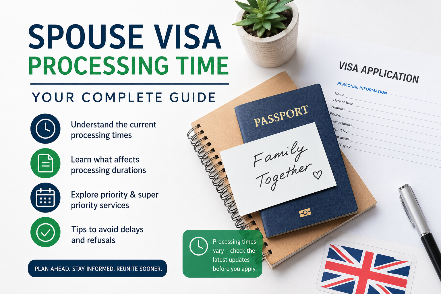 Spouse Visa Processing Time guide infographic with passport, visa application form, UK flag, and immigration documents.