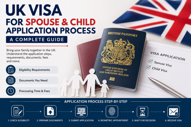 UK spouse and child visa application process infographic featuring British passport, visa form, family icons, and step-by-step immigration guidance.