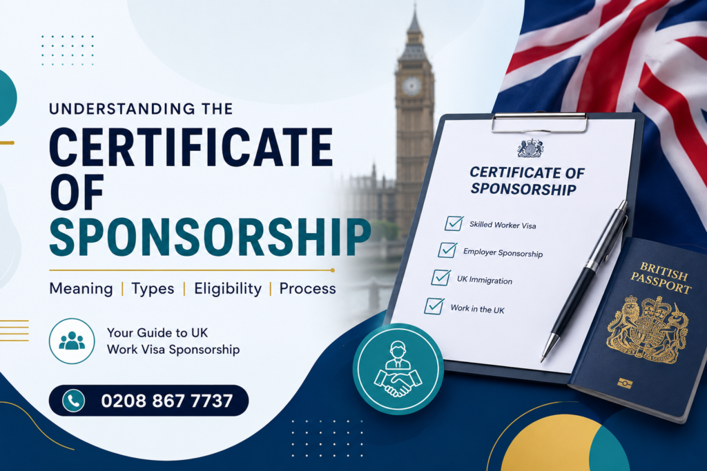 Certificate of Sponsorship meaning guide with UK work visa and sponsorship process illustration.