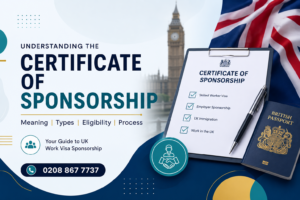 Certificate of Sponsorship meaning guide with UK work visa and sponsorship process illustration.