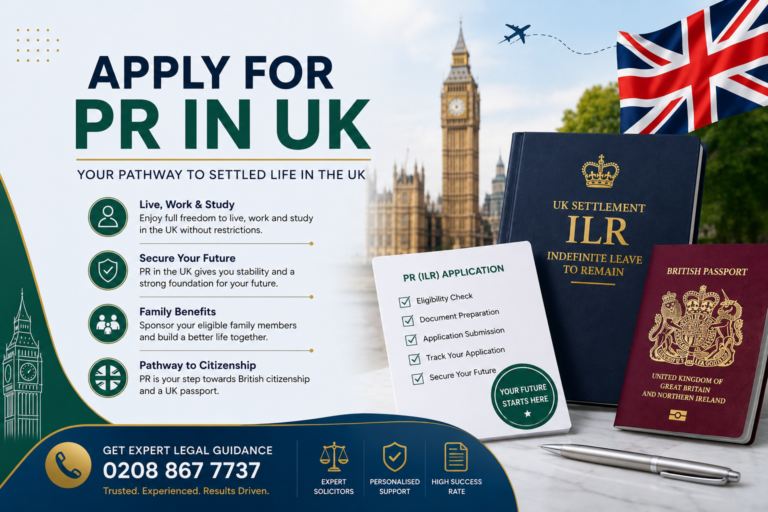 Apply for PR in UK illustration featuring ILR, British passport, and permanent residency benefits with expert legal support.