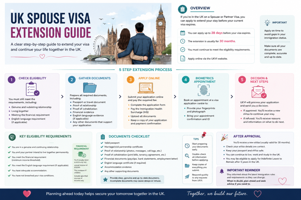 UK Spouse Visa Extension Guide infographic with simple steps, modern icons, and London background illustration.