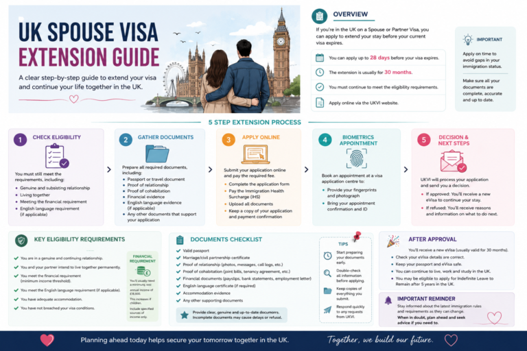UK Spouse Visa Extension Guide infographic with simple steps, modern icons, and London background illustration.