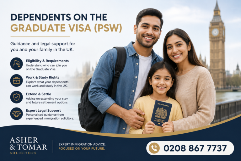 Dependents on the Graduate Visa (PSW) UK immigration guidance banner featuring a family in London with expert legal support from Asher & Tomar Solicitors.