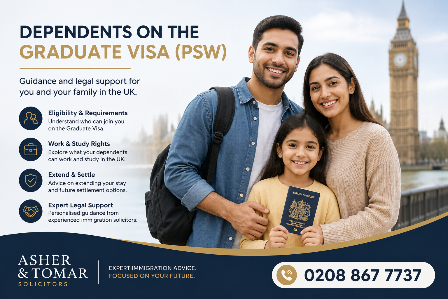 Dependents on the Graduate Visa (PSW) UK immigration guidance banner featuring a family in London with expert legal support from Asher & Tomar Solicitors.