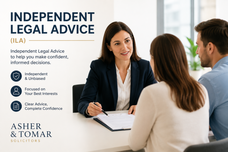 Independent Legal Advice (ILA) solicitor providing expert legal guidance to clients during a professional consultation at Asher & Tomar Solicitors in London.