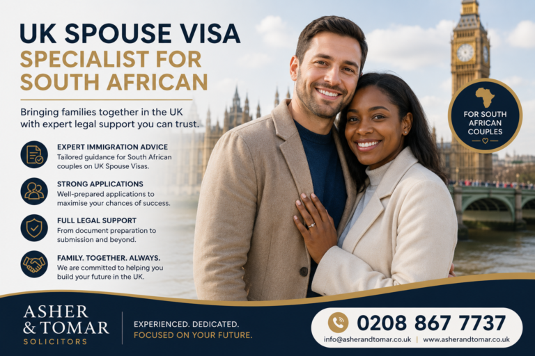 UK Spouse Visa Specialist for South African couples banner featuring a happy couple in London with expert immigration legal support from Asher & Tomar Solicitors.