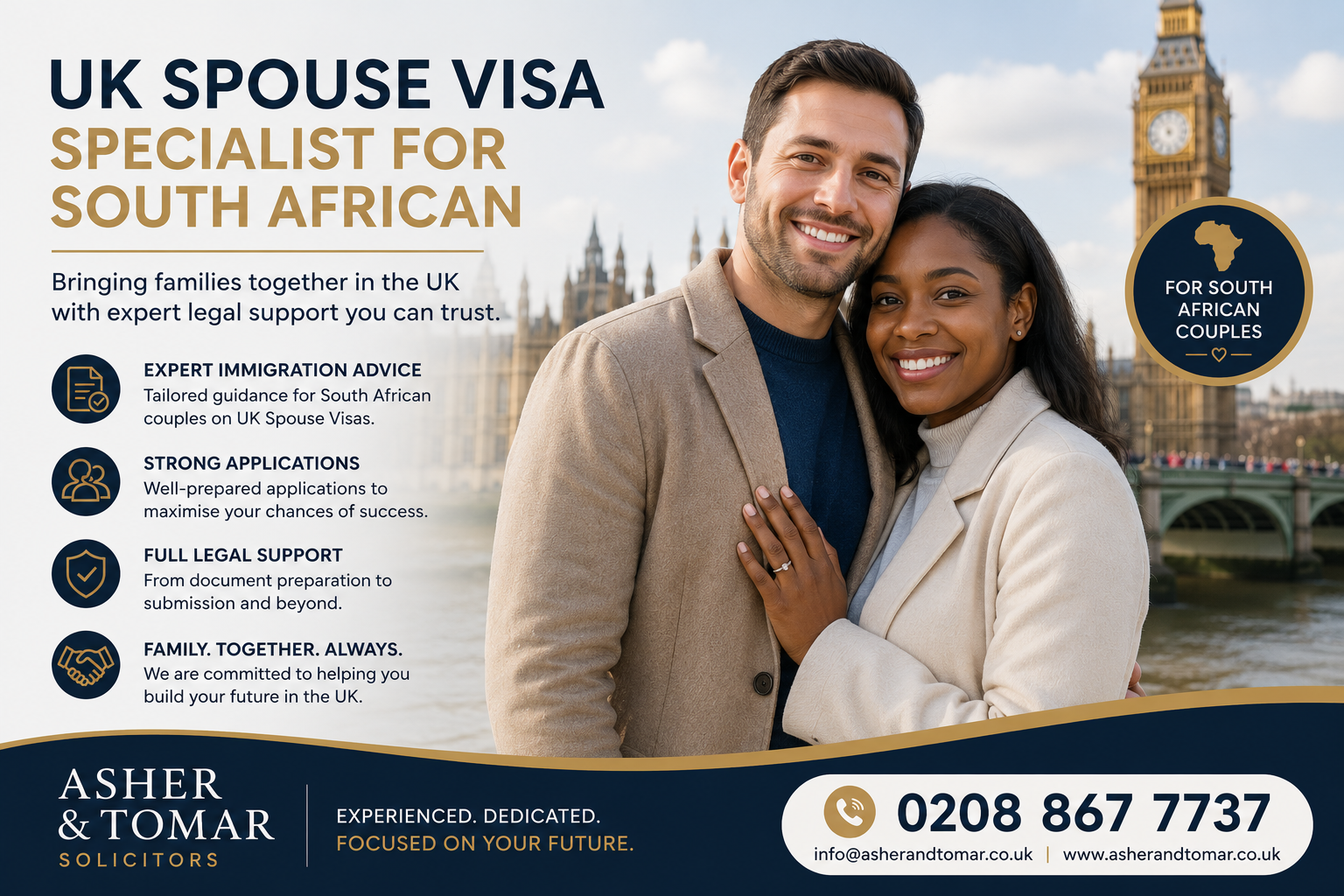 UK Spouse Visa Specialist for South African couples banner featuring a happy couple in London with expert immigration legal support from Asher & Tomar Solicitors.