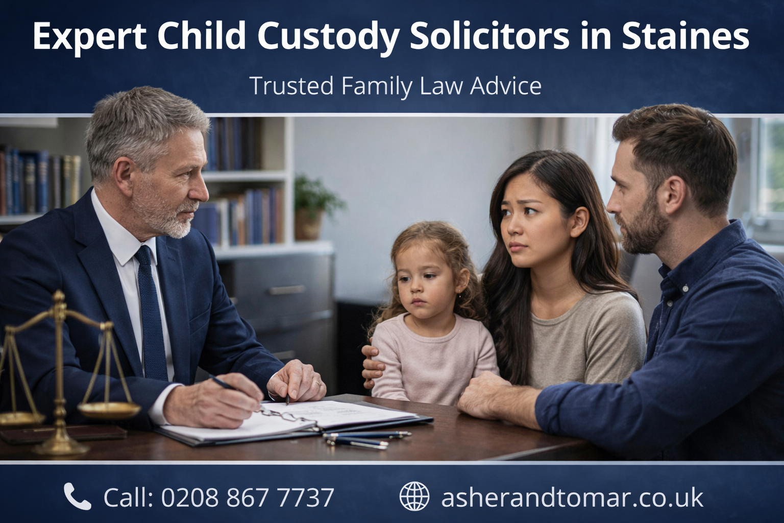 Child custody solicitors in Staines consulting parents and child in family law office