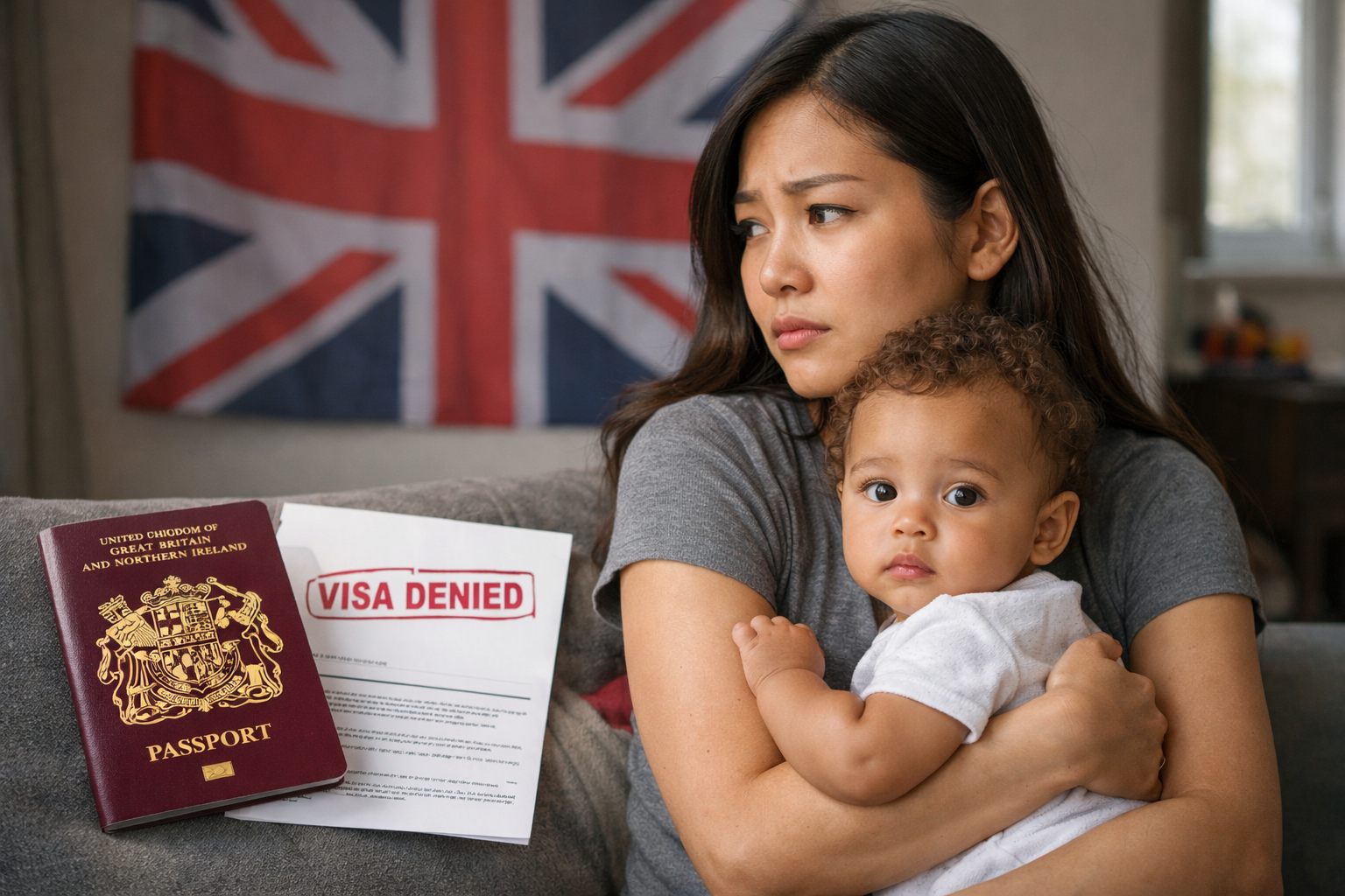 Mother holding baby with UK passport and visa denied notice – immigration advice for parent with British partner