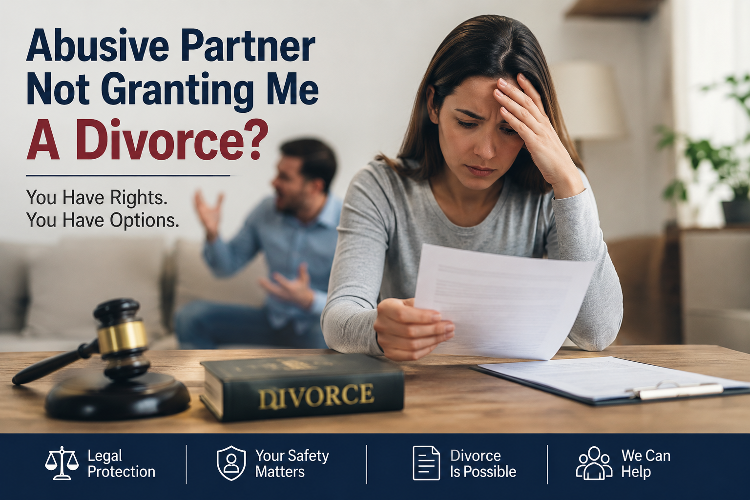 Woman seeking legal help during abusive divorce situation in the UK