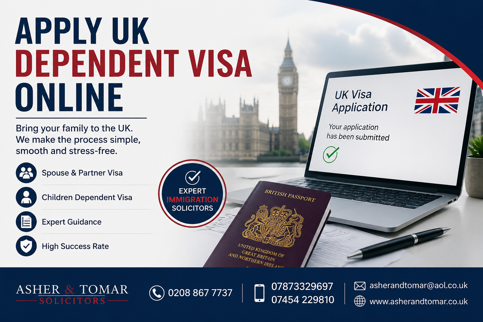 Apply UK Dependent Visa Online banner with UK passport, laptop visa application screen, London background, and immigration solicitor contact details.