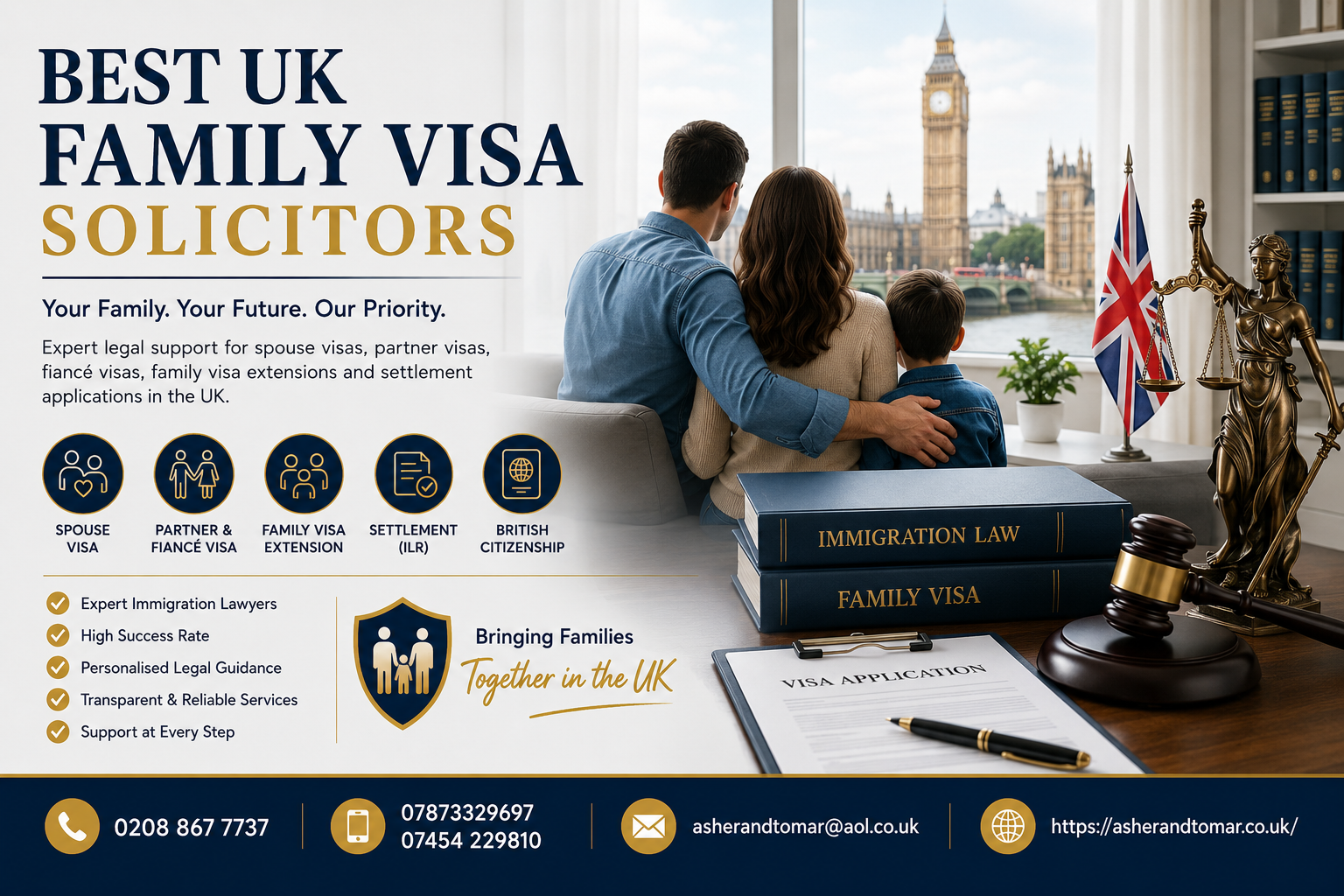 Professional UK family visa solicitor consultation illustration with happy family, immigration documents, and London background.