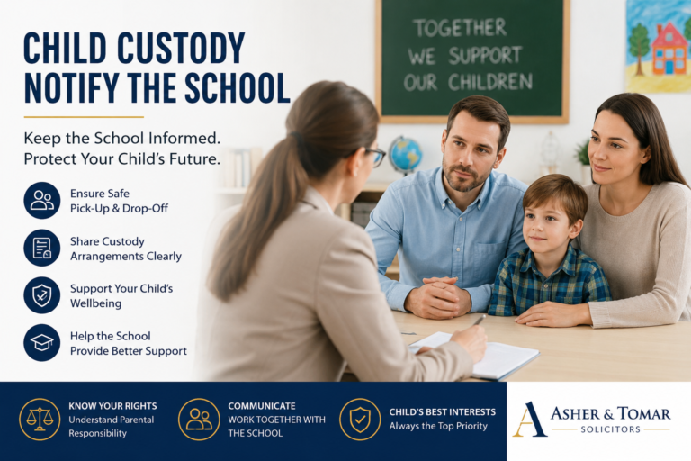 Parent discussing child custody arrangements with school staff in a professional school office environment