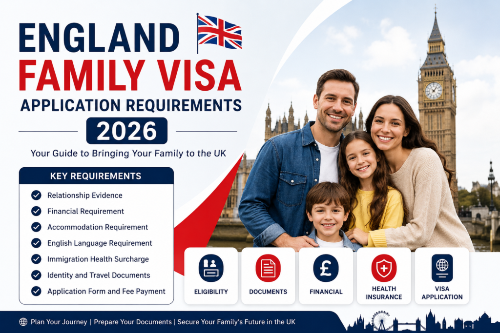 England Family Visa Application Requirements 2026 infographic featuring a happy family in front of Big Ben with key UK visa eligibility and document requirements.