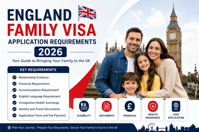 England Family Visa Application Requirements 2026 infographic featuring a happy family in front of Big Ben with key UK visa eligibility and document requirements.