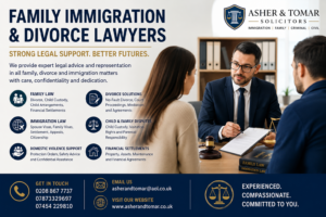 Family Immigration and Divorce Lawyers banner featuring professional solicitors consulting clients with legal support services for immigration, divorce, child custody, and family law matters.