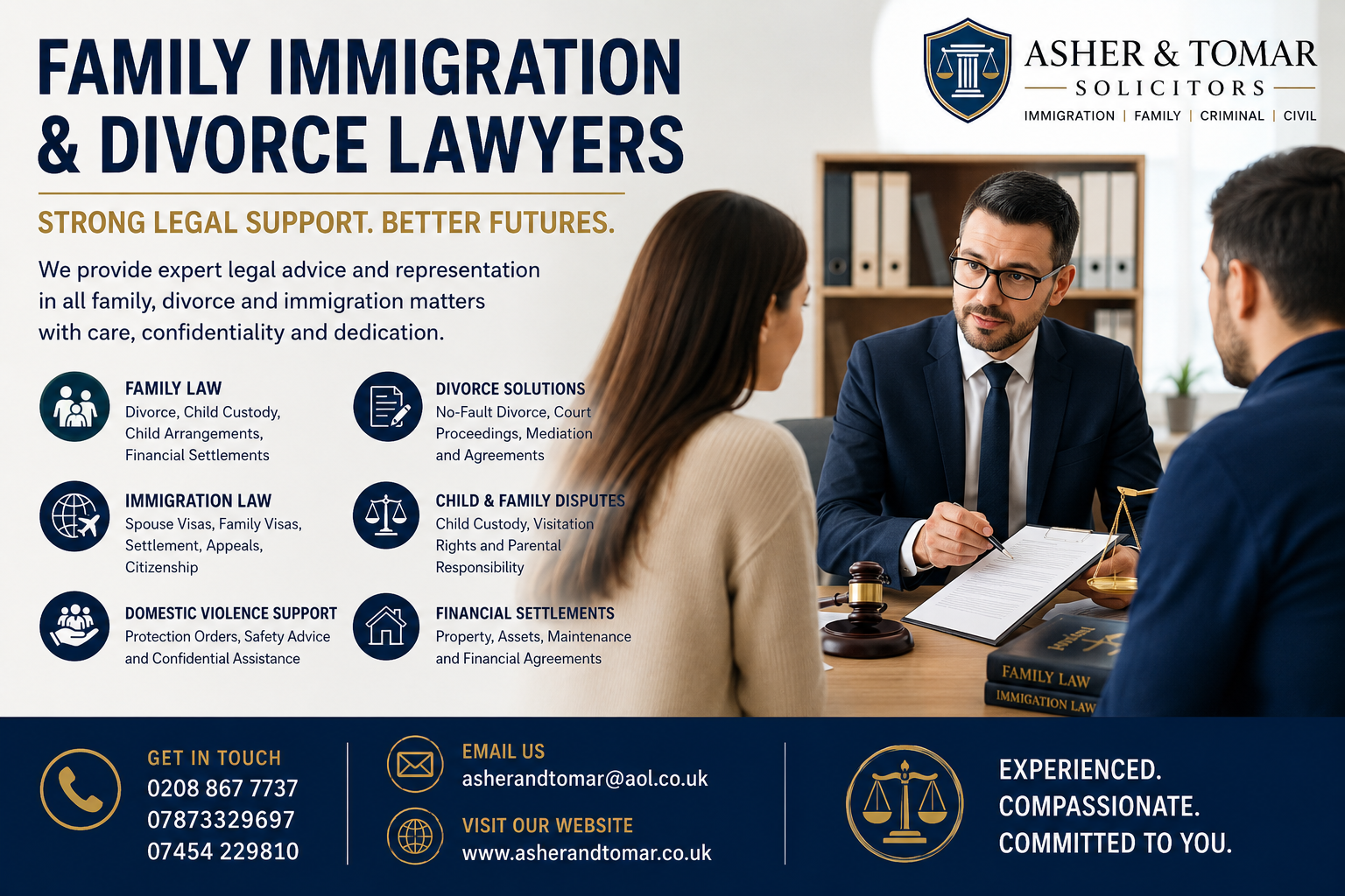 Family Immigration and Divorce Lawyers banner featuring professional solicitors consulting clients with legal support services for immigration, divorce, child custody, and family law matters.