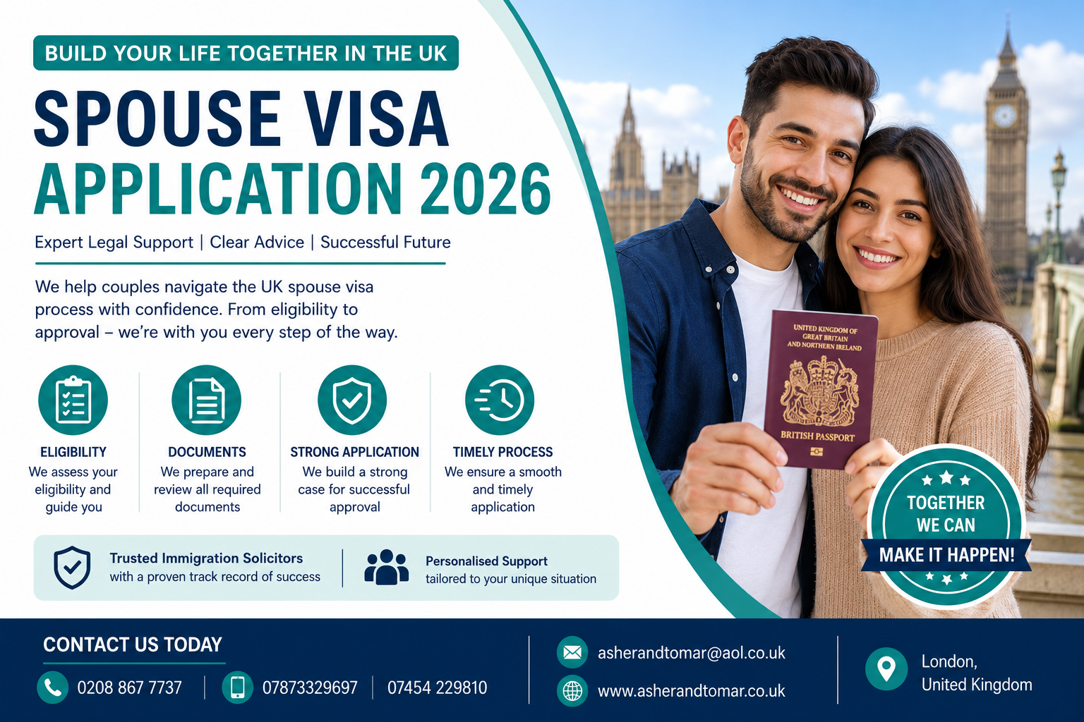 Couple holding UK passport for spouse visa application 2026 legal support
