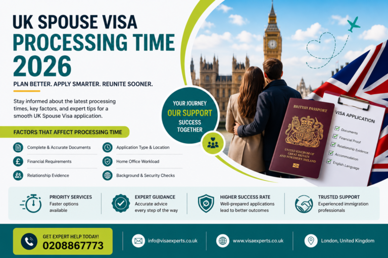 Modern UK Spouse Visa Processing Time 2026 infographic with British passport, London background, and expert immigration support information in green and blue colours.