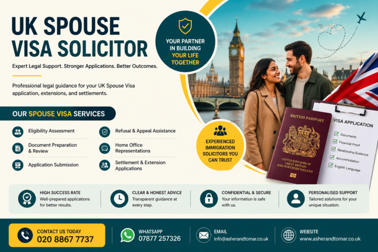 Professional UK Spouse Visa Solicitor banner with couple, British passport, visa application form, and immigration legal support details in modern teal and gold colours.