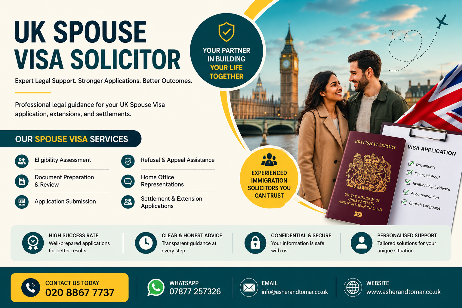 Professional UK Spouse Visa Solicitor banner with couple, British passport, visa application form, and immigration legal support details in modern teal and gold colours.