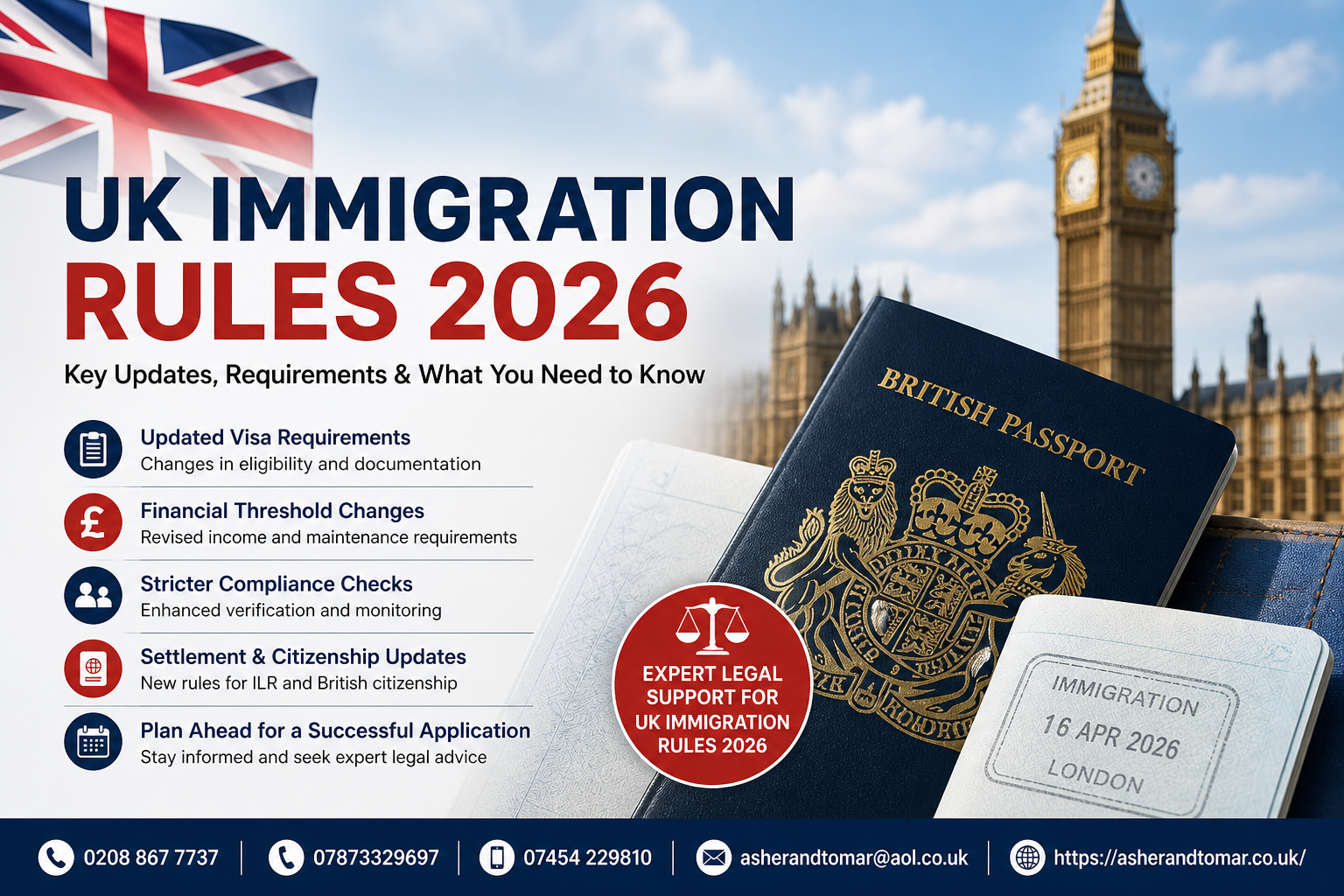 UK immigration rules 2026 infographic showing visa updates, financial requirements, and legal guidance for applicants