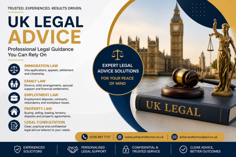 UK legal advice banner featuring immigration, family law, and expert solicitor services with London background